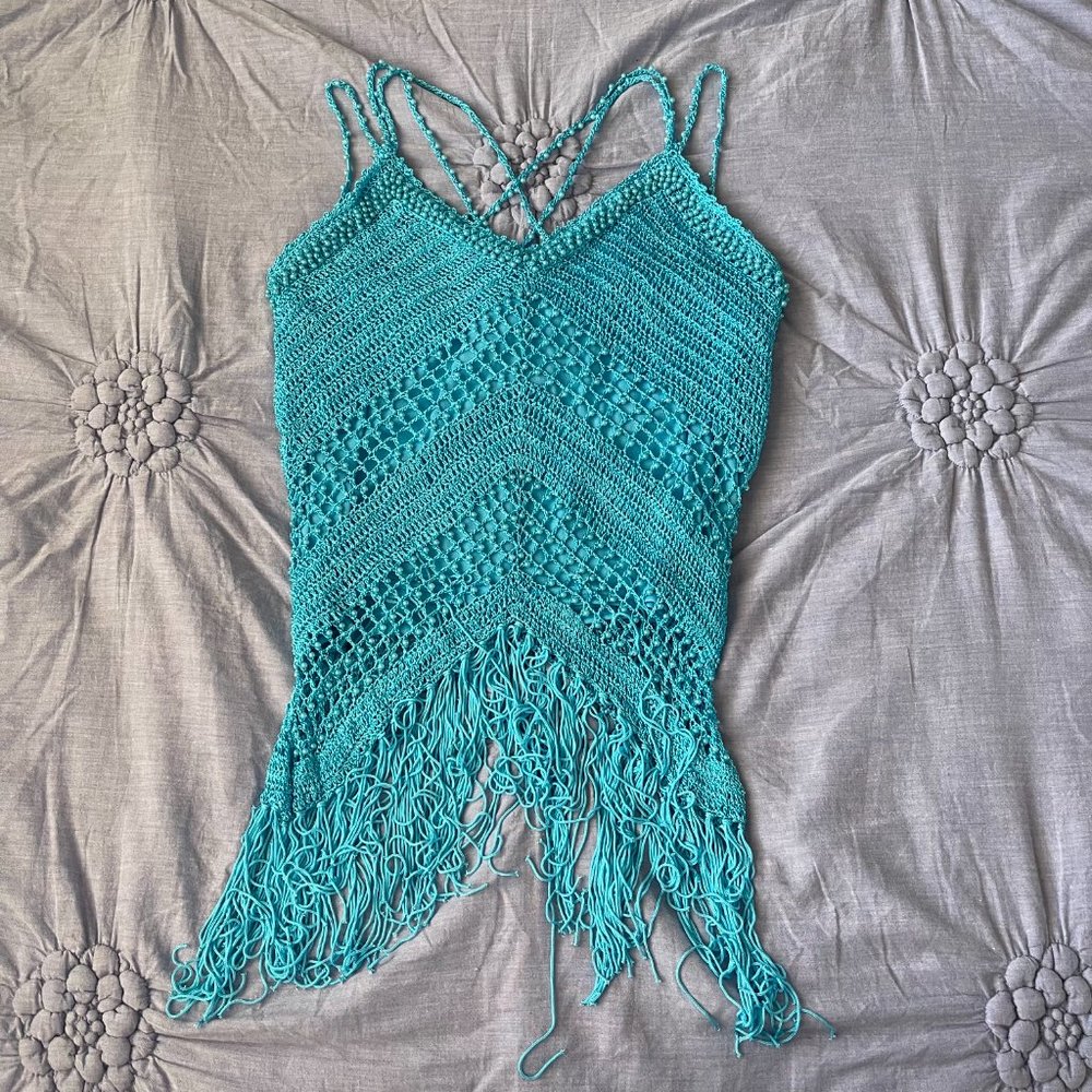 SOLD! 90s/ Y2K Beaded Blue Boho Tank Top with Fringe - Picture 4 of 8